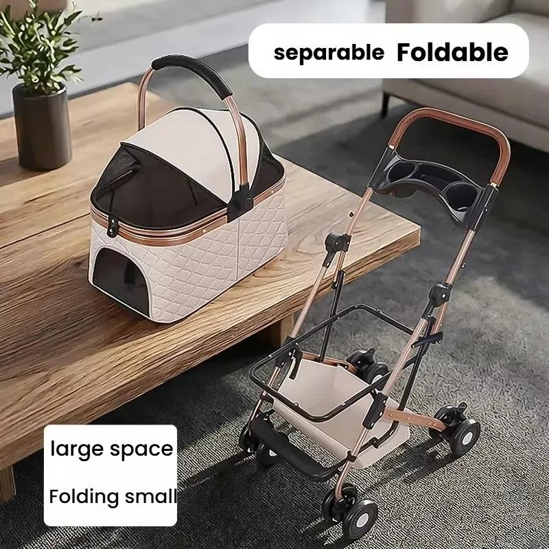 Pet Stroller Detachable Carrier Lightweight 3 Second Foldable Aluminum Alloy Leather Handle for Cats Dogs Outdoor Travel