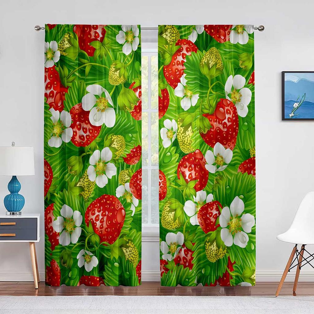 Strawberry and Hearts Fruit Sheer Curtains for Living Room Modern Fashion Valance Curtains Kitchen Blinds Window Curtain 2pcs