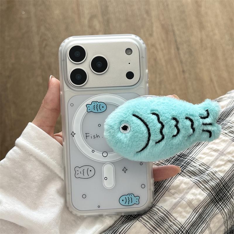Korean Plush Fish Magnetic Stand iPhone Case for 14/15/16ProMax/17