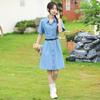 2026 European & American Washed Denim Ruffle Slimming Dress with Lapel