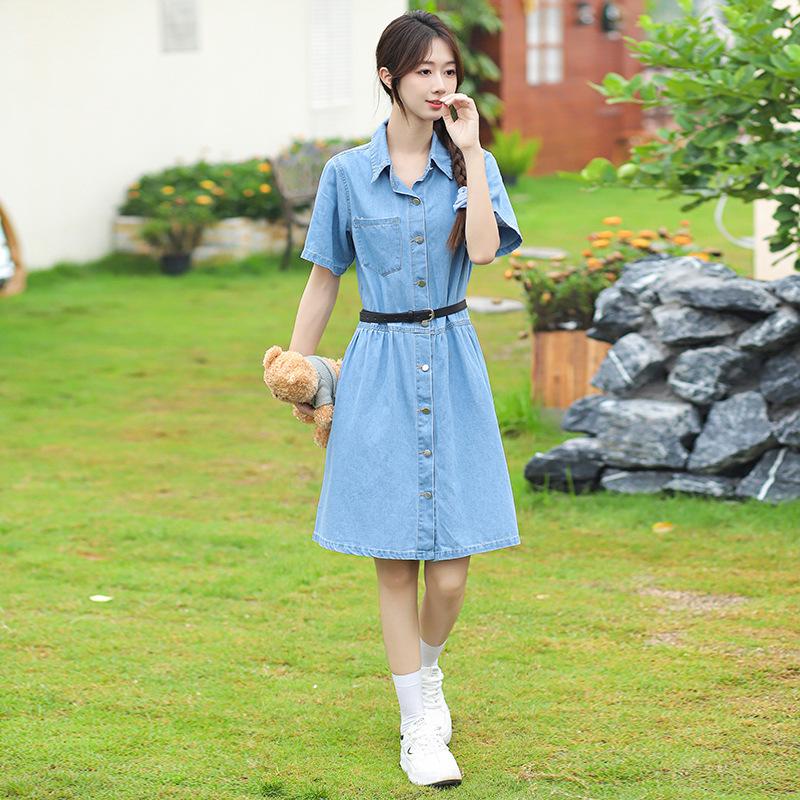 2026 European & American Washed Denim Ruffle Slimming Dress with Lapel