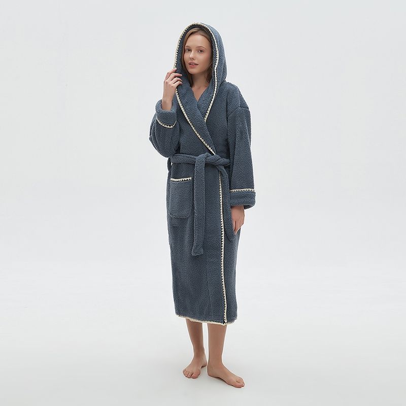 

Color-Contrasting Stripe Thickened Fleece Lined Long Hooded Nightgown Women s Winter New Arrival Bathrobe Stuffed Pajamas Outerwear Gown Homewear Dark gray M