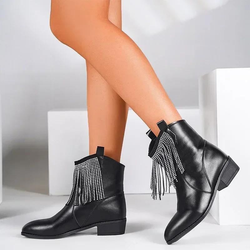 Wedge Low Heel Crystal Tassel Design Ankle Boots Women Pumps Pointed Toe Leather PU Chunky Heel Chelsea Boots Punk Boots