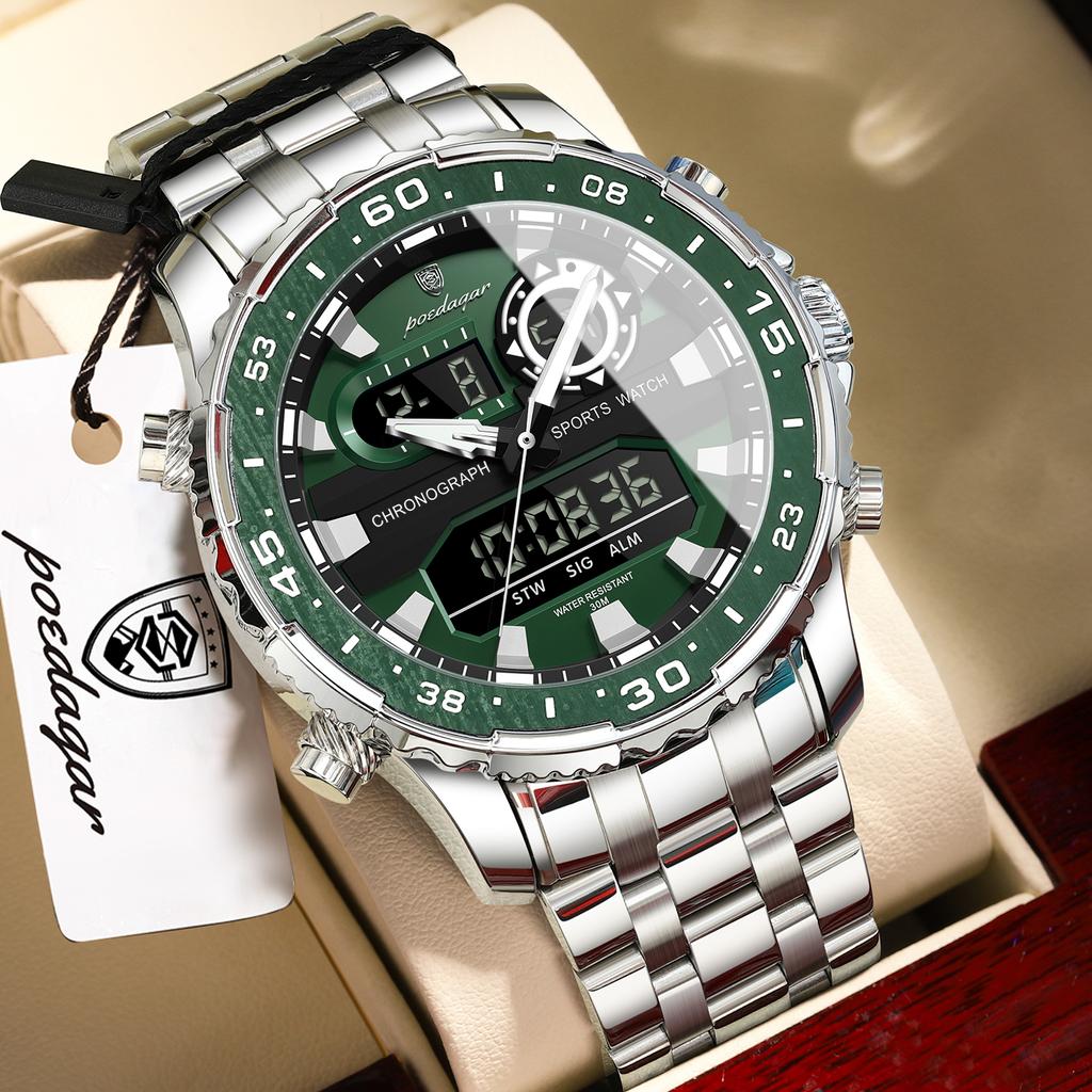 POEDAGAR Electronic Fashion Man Wristwatch Week Date LED Luminous Men Watch Dual Time Display Digital Quartz Watches