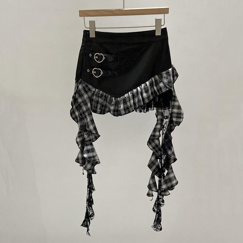 French irregular ruffle edge skirt plaid splicing leather skirt love buckle personalized retro Spice Girl short skirt women's autumn
