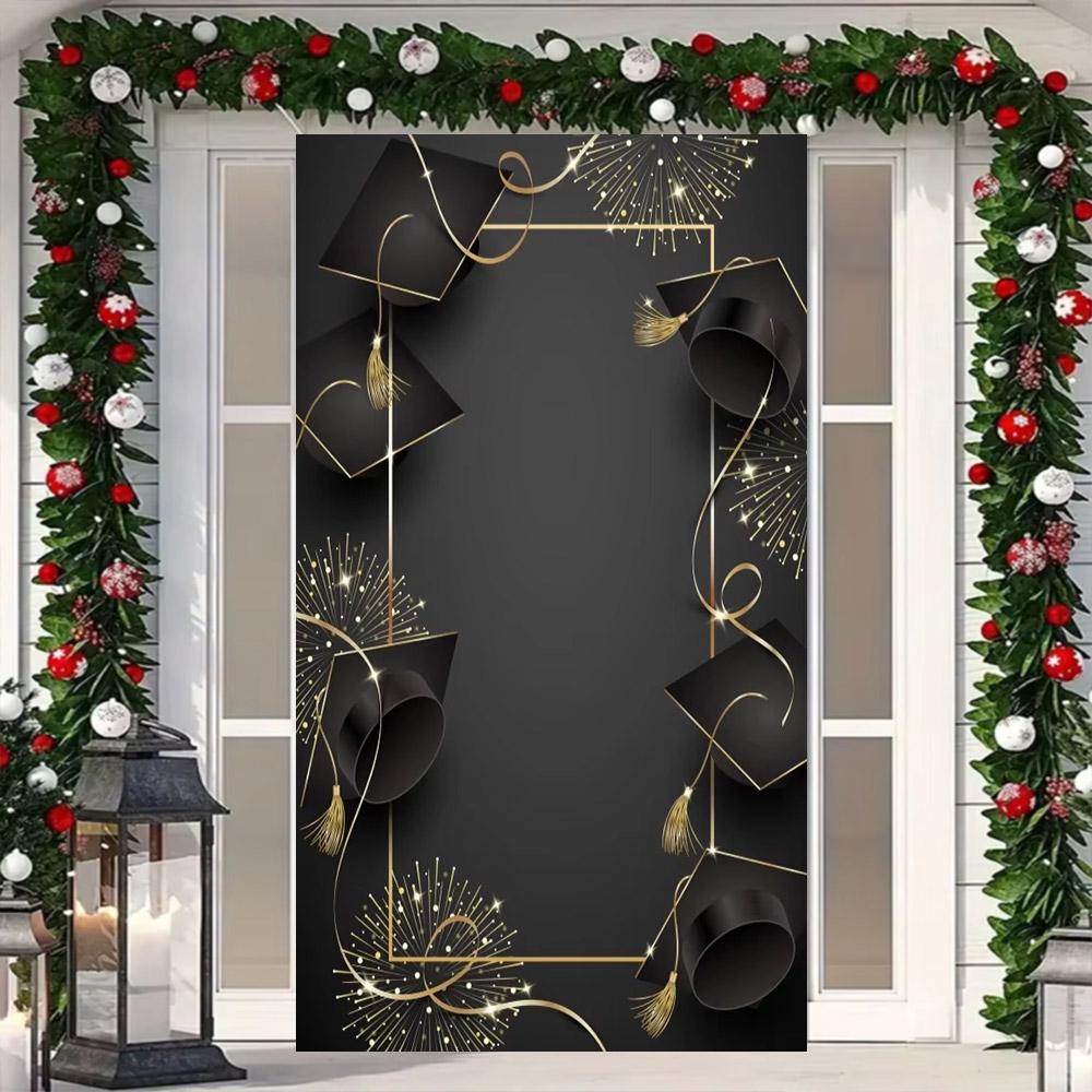 Abschlussfoto-Hintergrund, Glückwünsche, Abschlussfeier, Abschlusskappe mit gold-schwarzem Pailletten, Plakat mit personalisiertem Text, Banner