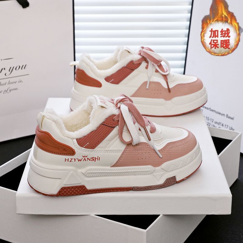 Fleece warm little white shoes women's 2025 autumn and winter new niche board shoes trendy student flat casual shoes low-top cotton shoes
