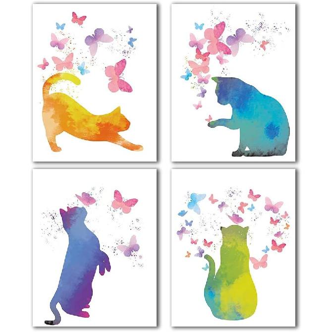 Watercolor Cat Wall Art Poster with Colorful Butterfly Art Print Gifts for Cat Lover, Cats Posters Painting for Girls Room, Cats Poster for Girl