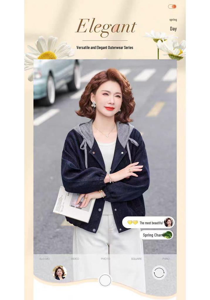 Stylish 2026 Spring Denim Jacket for Middle-Aged & Elderly Women - Casual Hooded Outerwear