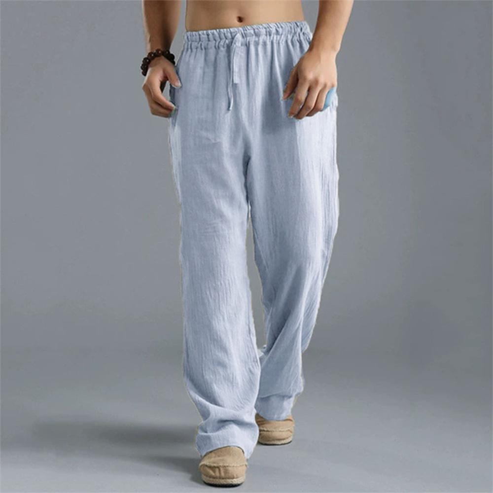 Men's Cotton Linen Straight Leg Pants Lightweight Breathable Trousers Beach Style Solid Color Casual Cozy Sweatpants
