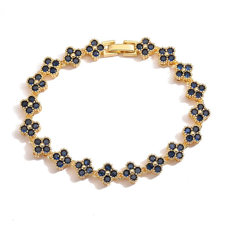 Fashion Design Luxury Jewelry 18K Gold Colorful Zircon Four Leaf Clover Bracelet Necklace Jewelry Luxury Four Leaf Clover Set