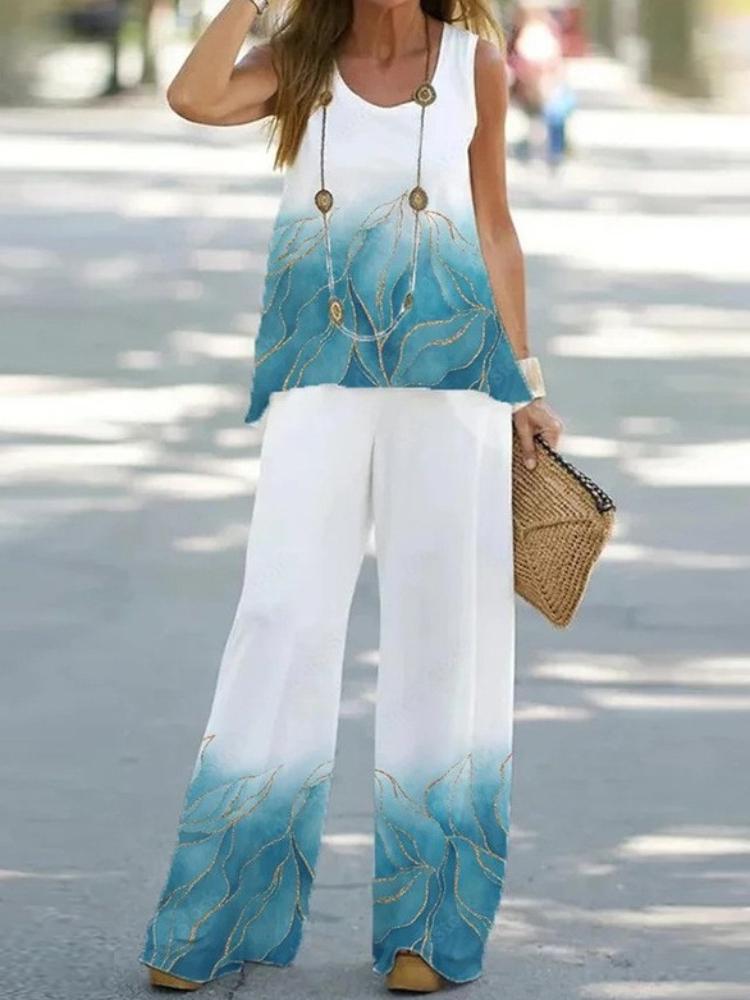 

Женский комплект из топа без рукавов с цветочным принтом и брюк широкого кроя, зеленый градиентный богемный наряд, летний повседневный костюм-двойка M