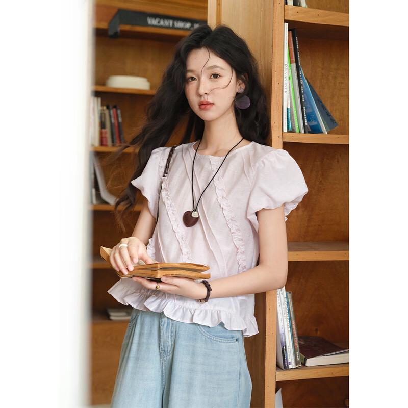 Women s Ruffle Trim Bubble Sleeve Blouse S