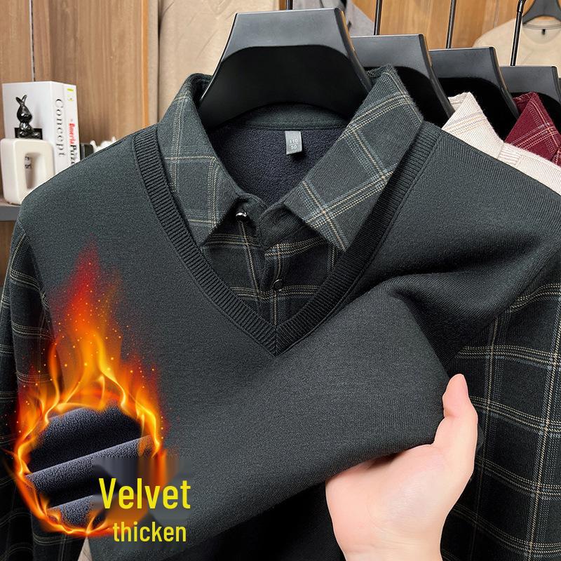 2025 Men s Autumn/Winter Long-Sleeve POLO Shirt: Middle-Aged Plus Velvet Thick Warm Dual-Layer Lapel Sweater XXXXL