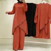 Women Solid Long Sleeve Irregular Tunic Wide Leg Pants Two Piece Set Shiny Trim Modest Muslim Outfit Middle East Southeast Asia Spring Casual Suit