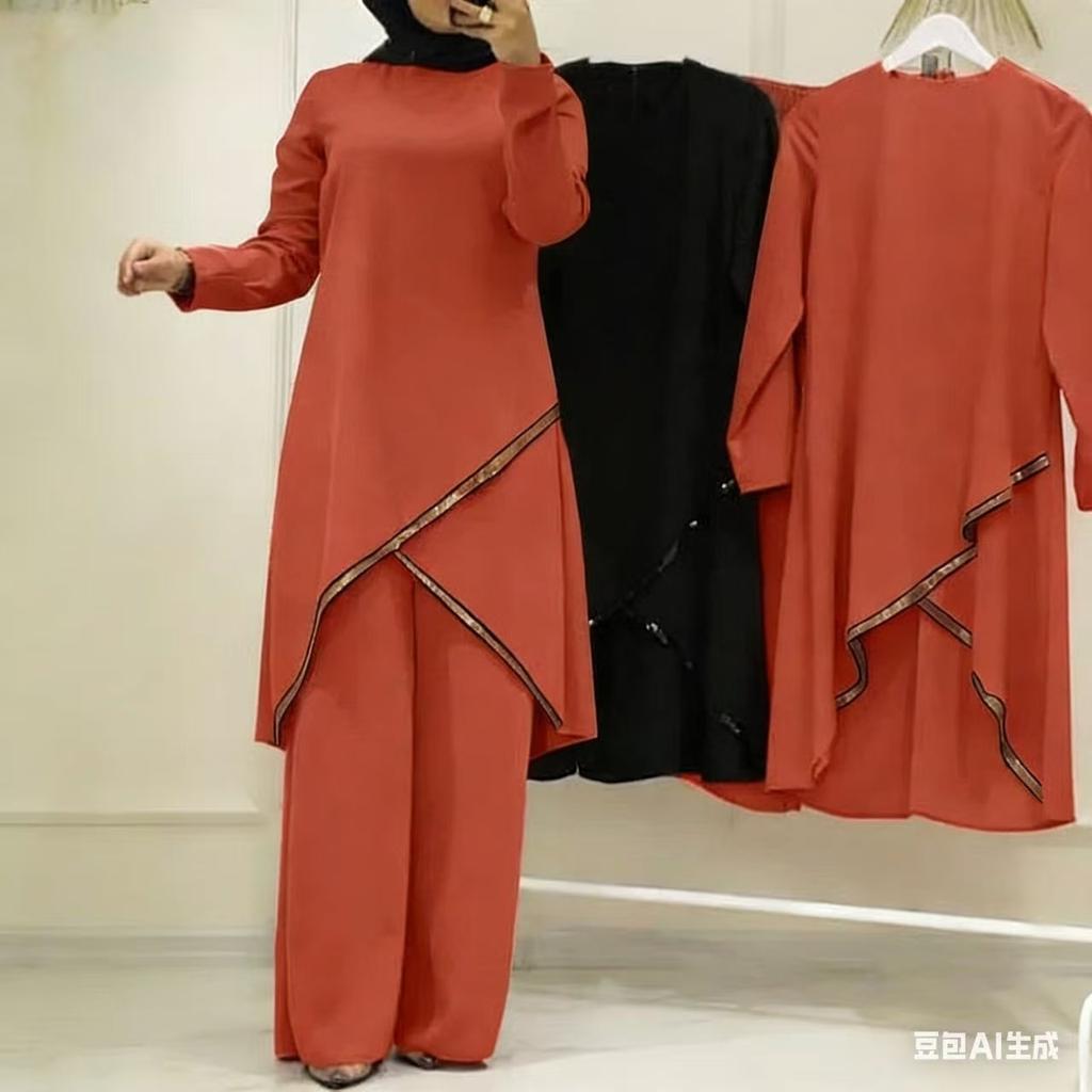 Women Solid Long Sleeve Irregular Tunic Wide Leg Pants Two Piece Set Shiny Trim Modest Muslim Outfit Middle East Southeast Asia Spring Casual Suit