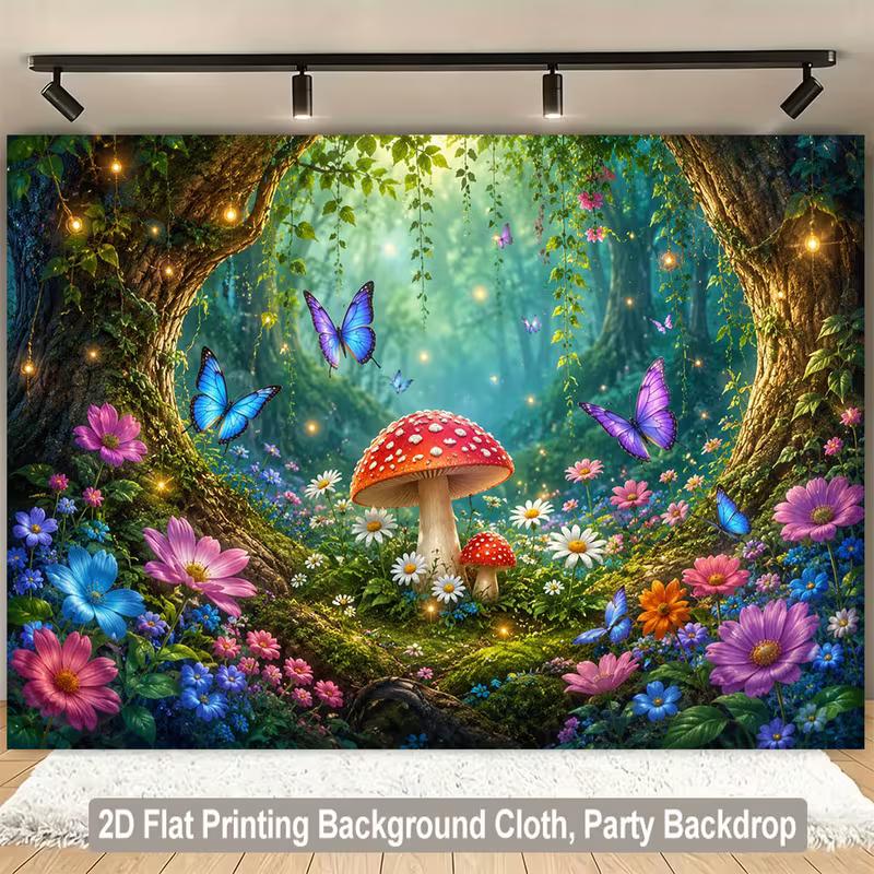 2D Whimsical Enchanted Woodland Backdrop with Butterflies & Flowers Photo Background