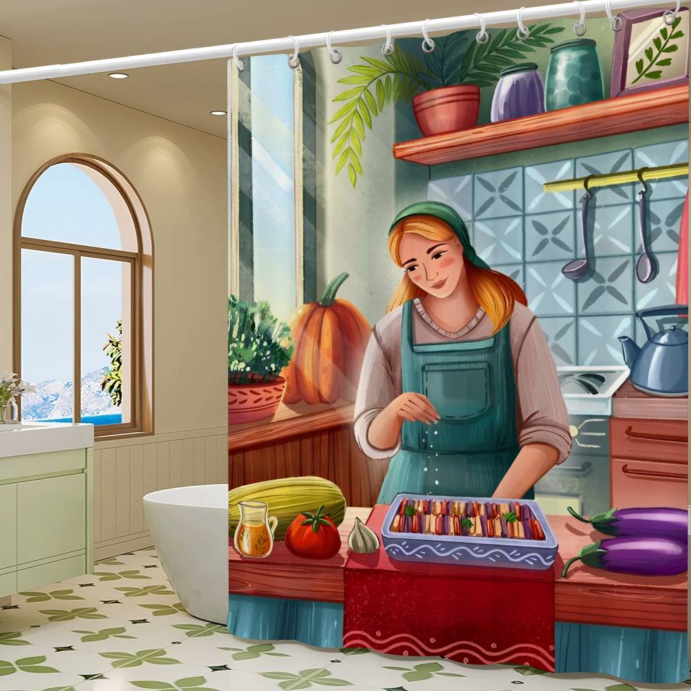 Söta Duschdraperier för Kökstjejer 180cm Polyester Modern Stil Badrumsgardin Med Krokar Vattentätt Roligt Duschdraperi
