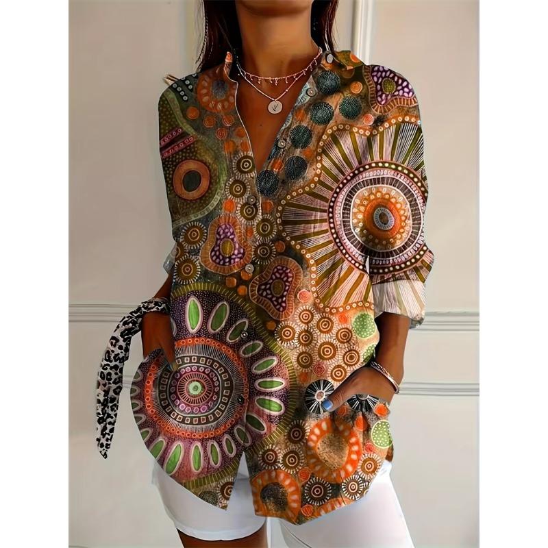 Mode Dames Zomer Revers Knopen Down Shirt 3D Gezicht Print Lange Mouwen Shirt Casual Grote Maat Outdoor Strand Bloemen Shirt