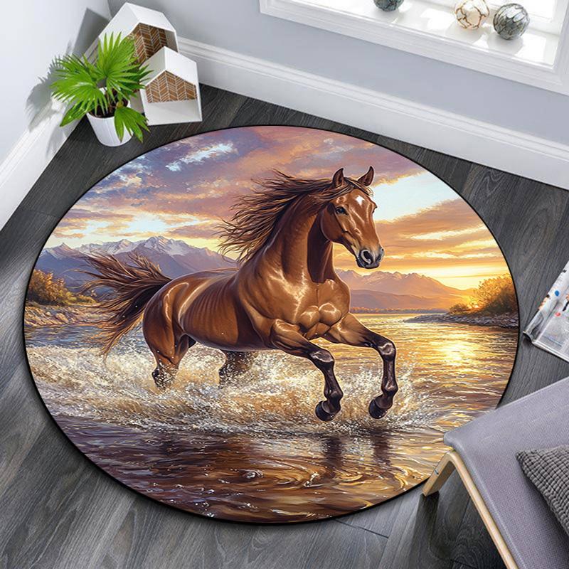Galloping Horse Round Area Rug,Carpet Rug for Living Room Bedroom Sofa Playroom Decor,Non-slip Floor Mat