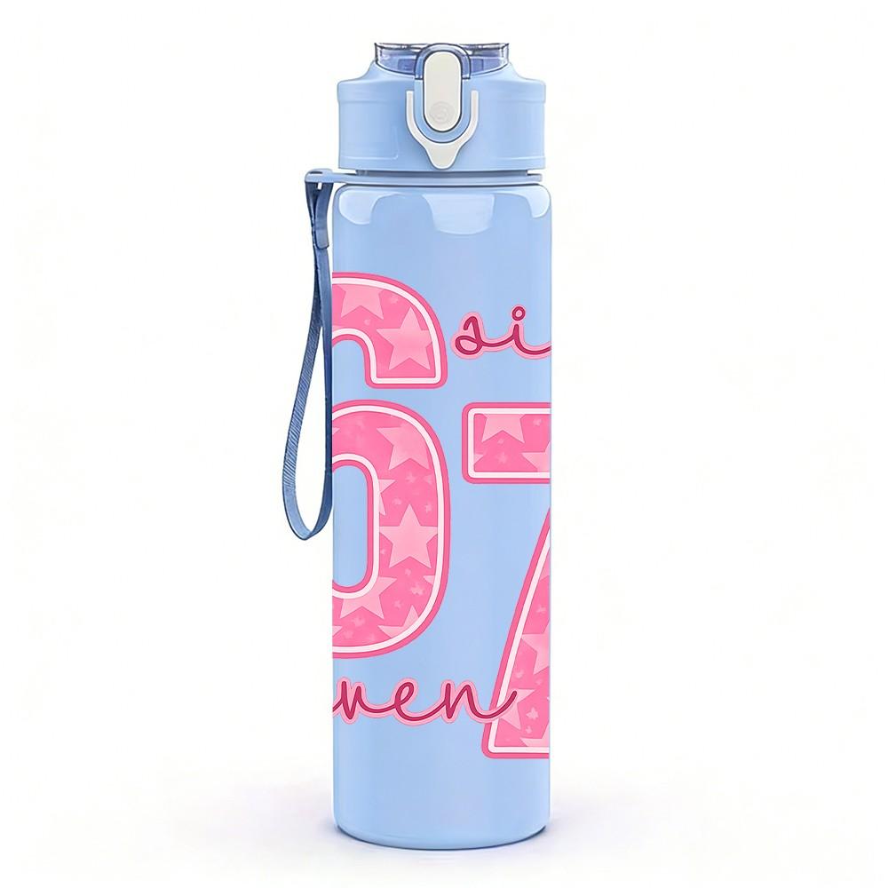 1PC Pink Number 67 Girly Text Print 750ml Color Plastic Sports Water Bottle Leakproof Flip Straw Lid Suitable for Sports Office Home Use