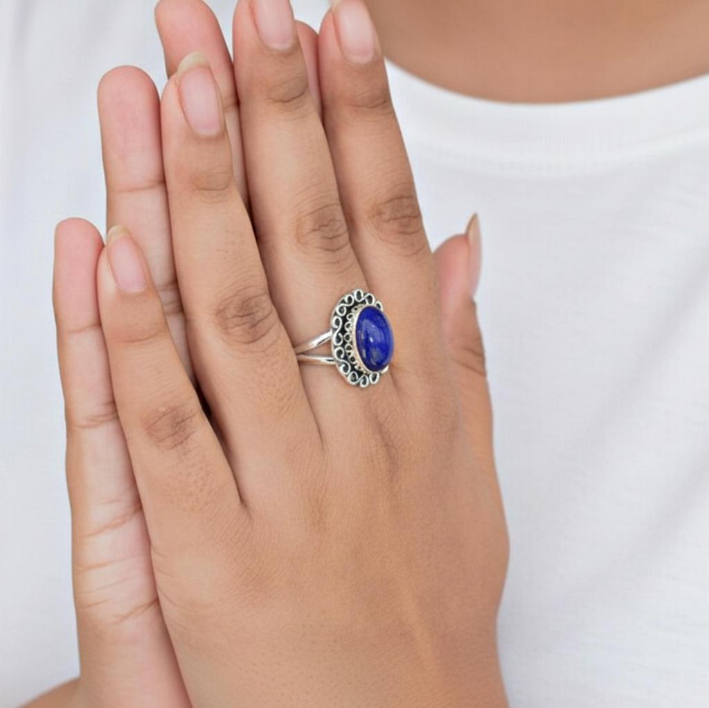 Lapis Lazuli Flower Statement Ring, 925 Sterling Silver, Minimalist Floral Ring for Women