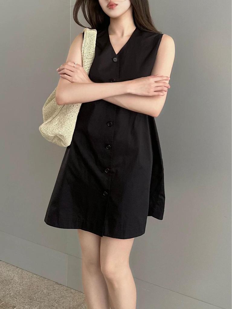 Cotton A-line Black Tie-Up Dress - Sleeveless, Standard Fit, New Summer Arrival