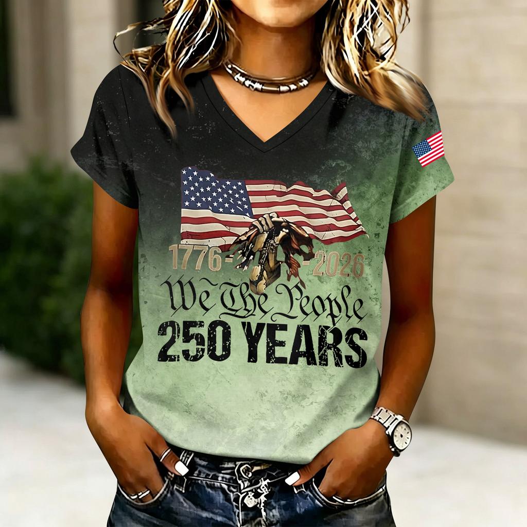 Women's V-Neck Casual Letter Print Short Sleeve T-Shirt, Fashion Graphic Tee Top