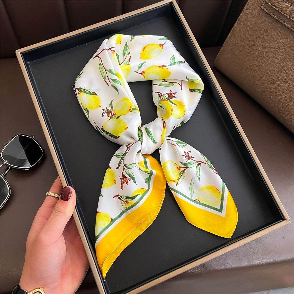 Elegant Yellow Neck Scarf Lemon Print Shawl Breathable Square Silk Scarf  for Women