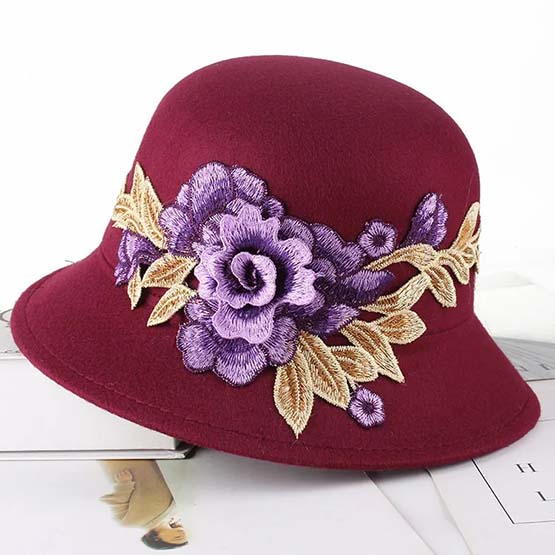 

WTEMPO модные шляпы-котелки с большим цветком, трехмерная вышивка, шляпы-котелки в этническом стиле, повседневные однотонные танцевальные шляпы One Size вино красного
