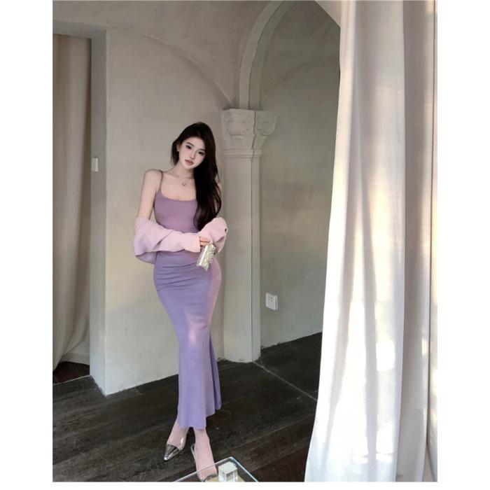 

Pure desire sexy purple tight-fitting fishtail hip-wrapped suspender dress women s spring knitted vest cardigan two-piece set XL
