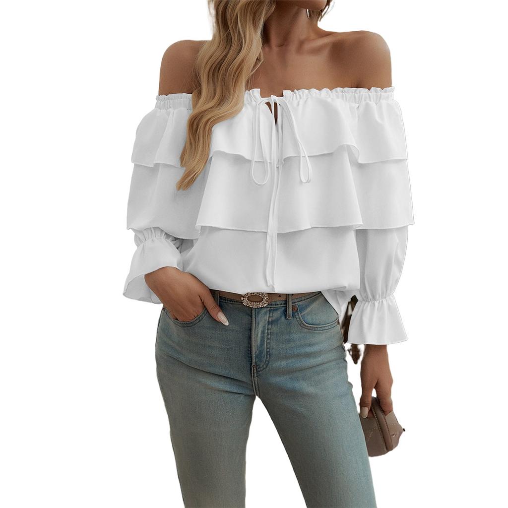 Women's Loose Casual Color Ruffle Edge Short Sleeved Top, Fashionable Long Sleeved Top