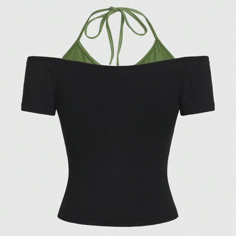 Y2K Summer Tight Butterfly Printed Fake Two Piece T-shirt