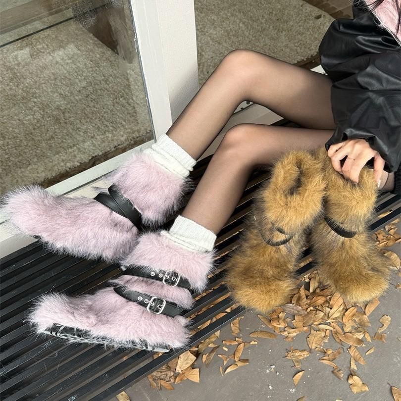 Fluffy snow boots winter women's 2025 new high-end thick-soled non-slip fluffy cotton shoes medium boots