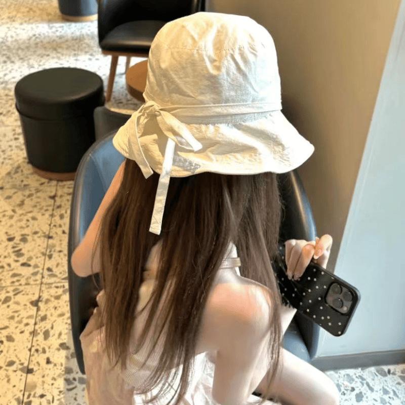 Summer Girls Spring and Summer Face Small Shade Pure Sun Protection Afternoon Baking Cake Bow Strap Quick Drying Bucket Hat