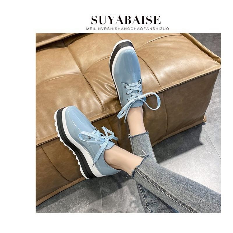 Women's Thick-soled Muffin Shoes, Women's Autumn and Winter Lace-up Square Toe Patent Leather Deep Single Shoes High-heeled Shoes