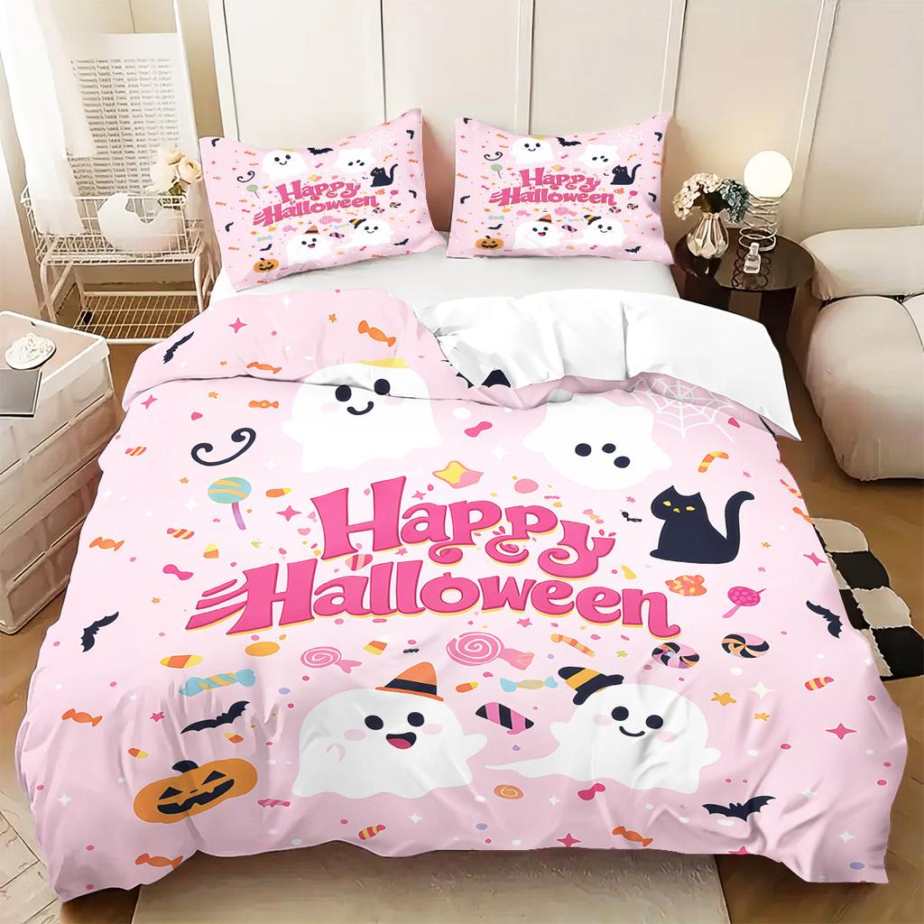 3pcs Halloween Pink Ghost Pattern Duvet Cover Set, 1 Duvet Cover+2 Pillowcases, No Core. Soft and Comfortable Bedding Set