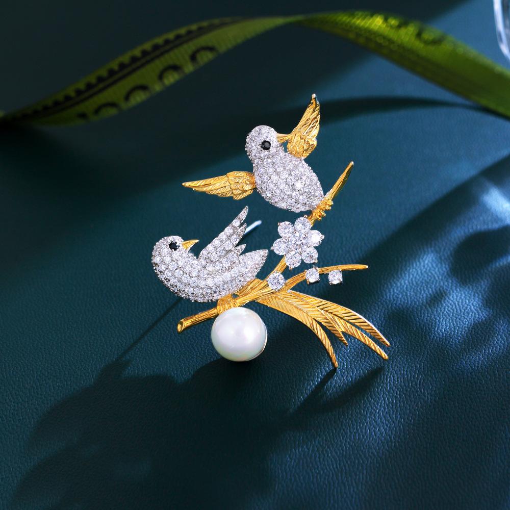 Light Luxury Double Magpie Golden Silk Bird Gold Plated Celebrity Style Brooch Suit Dress Decorative Pin Brooch