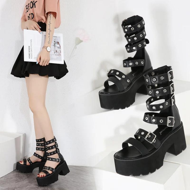 Fashion 2025 Summer New Fashion High Heel Sandals Rivet Hollowed Out Women's Shoes Roman Thick Heel Cool Boots 42