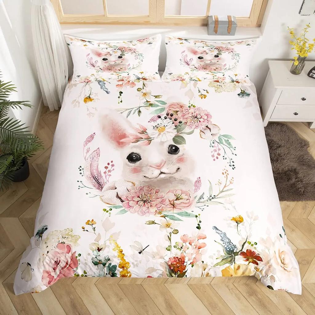 3D Rabbit Duvet Cover Set Full Queen Size Cute Farm Animal Butterfly Bedding Set For Girls Teal Blue Watercolor Comforter Cover