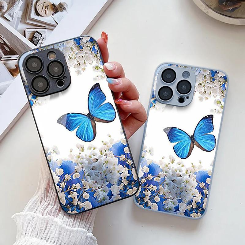 Blue butterfly flower is suitable for iPhone Apple 17Promax full series fine hole 17Pro explosion new 17Air new