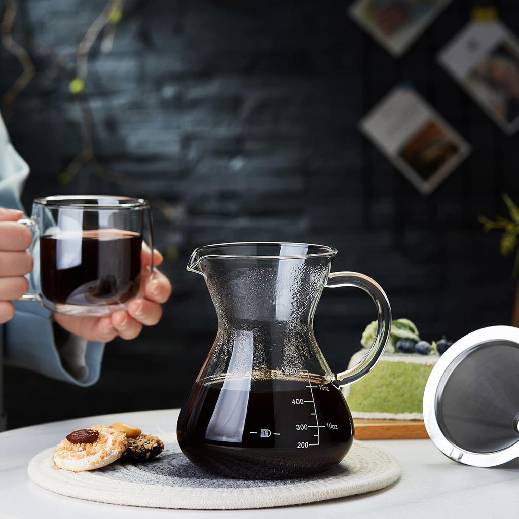 POKALOTEA Coffee Server Drip Coffee Server 500ml No Paper Coffee Filter Required Borosilicate Heat Resistant Glass