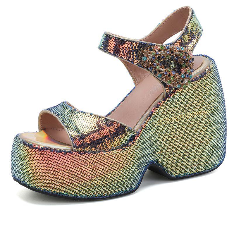 2025 Fashion Bling Women Sandals Crystal Hook Loop Wedges 12cm Platform Hill Plus Size 41 42 43 Dating Female Shoes 35 7439₽