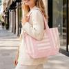 Tote Bag Striped Canvas Bag, Stylish Reusable Grocery with Reinforced Shoulder Strap Front Pocket, for Shopping Picnic Commuting Durable