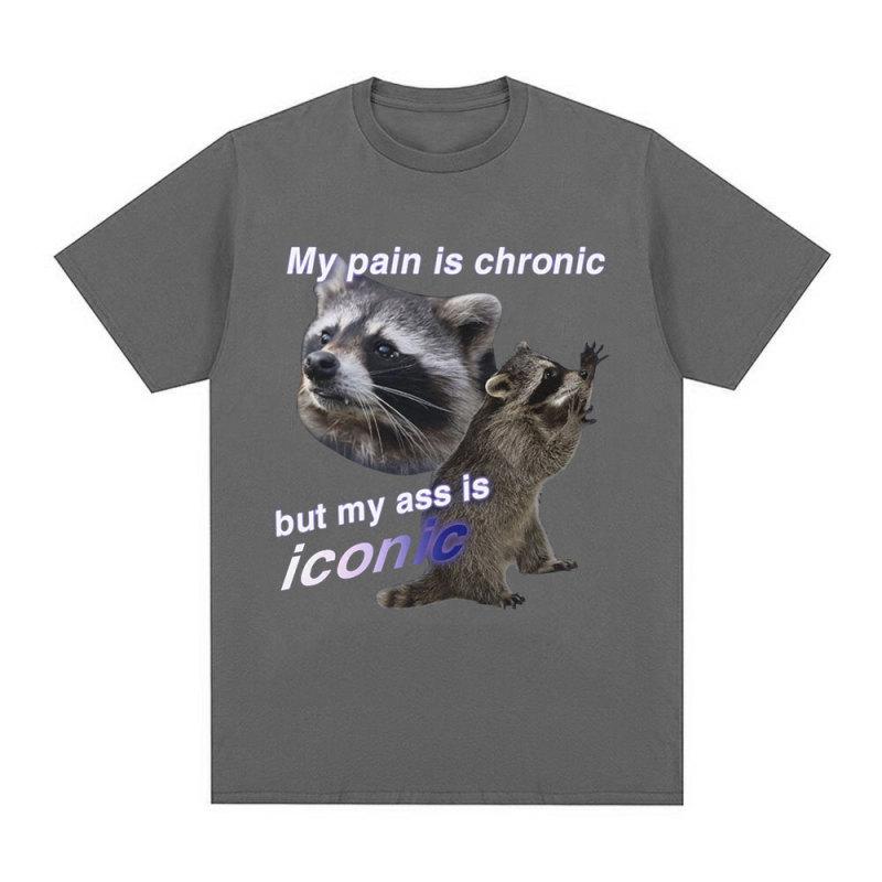 Funny My Pain Is Chronic But My Ass Is Iconic Raccon Meme T-shirt Men Cotton Short Sleeve T Shirts Fashion Casual Vintage Tees