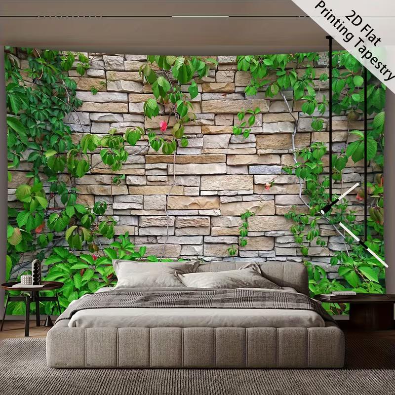 2D Botanical Stone Wall Tapestry Green Vines on Rustic Brick Wall Hanging