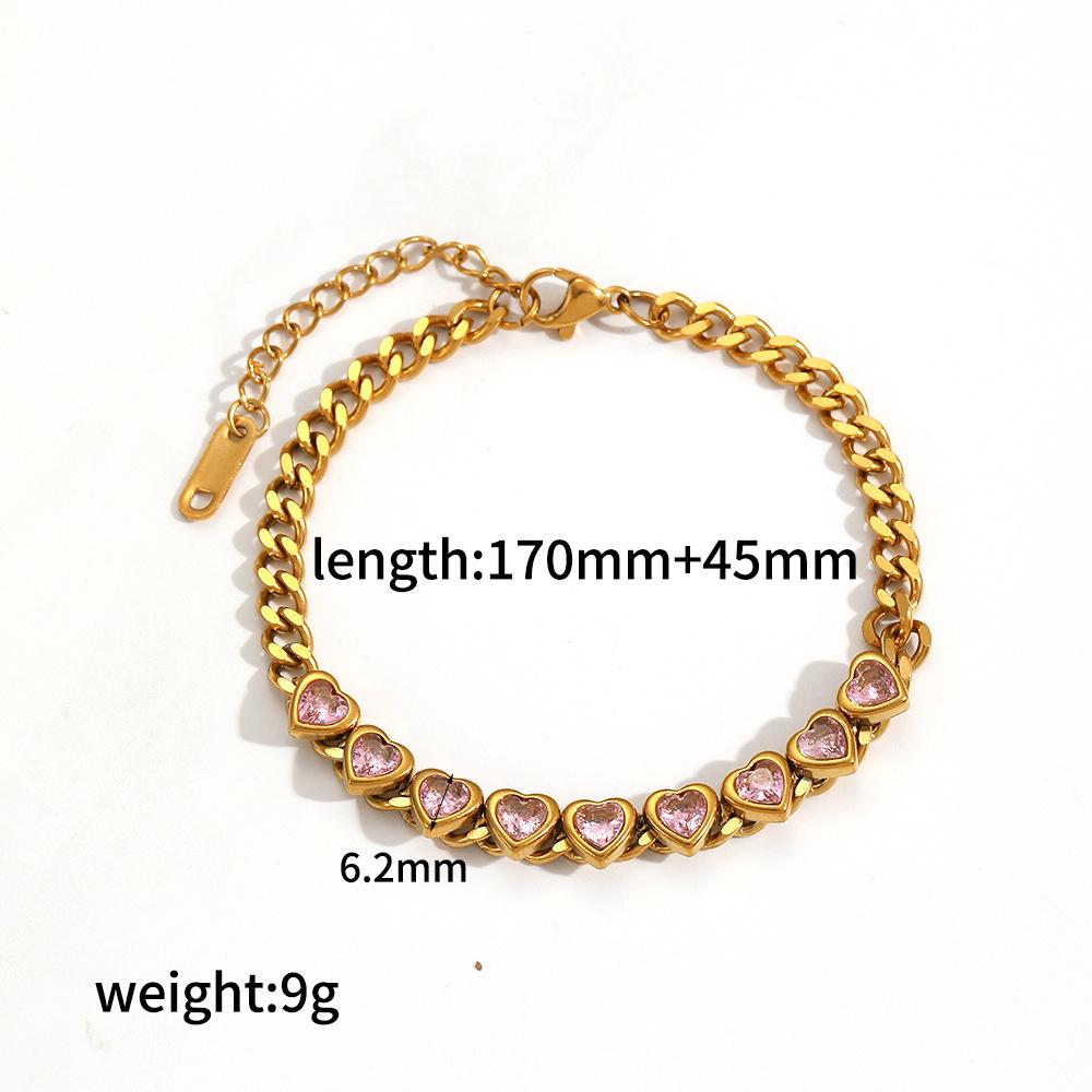 Luxury Shiny Heart Shape Cubic Zirconia Bracelet Stainless Steel Delicate Zircon Waterproof Charm Chain Bracelet for Gift GOLD&17cm