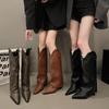 Woman Cowgirl Boots Slip on Ladies Elegant Square Heel Long Pipe Boots Shoes Retro Women's Winter Footwear