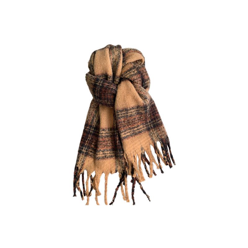 2025 Retro Korean Style Women's Warm Plaid Scarf & Shawl in Brown