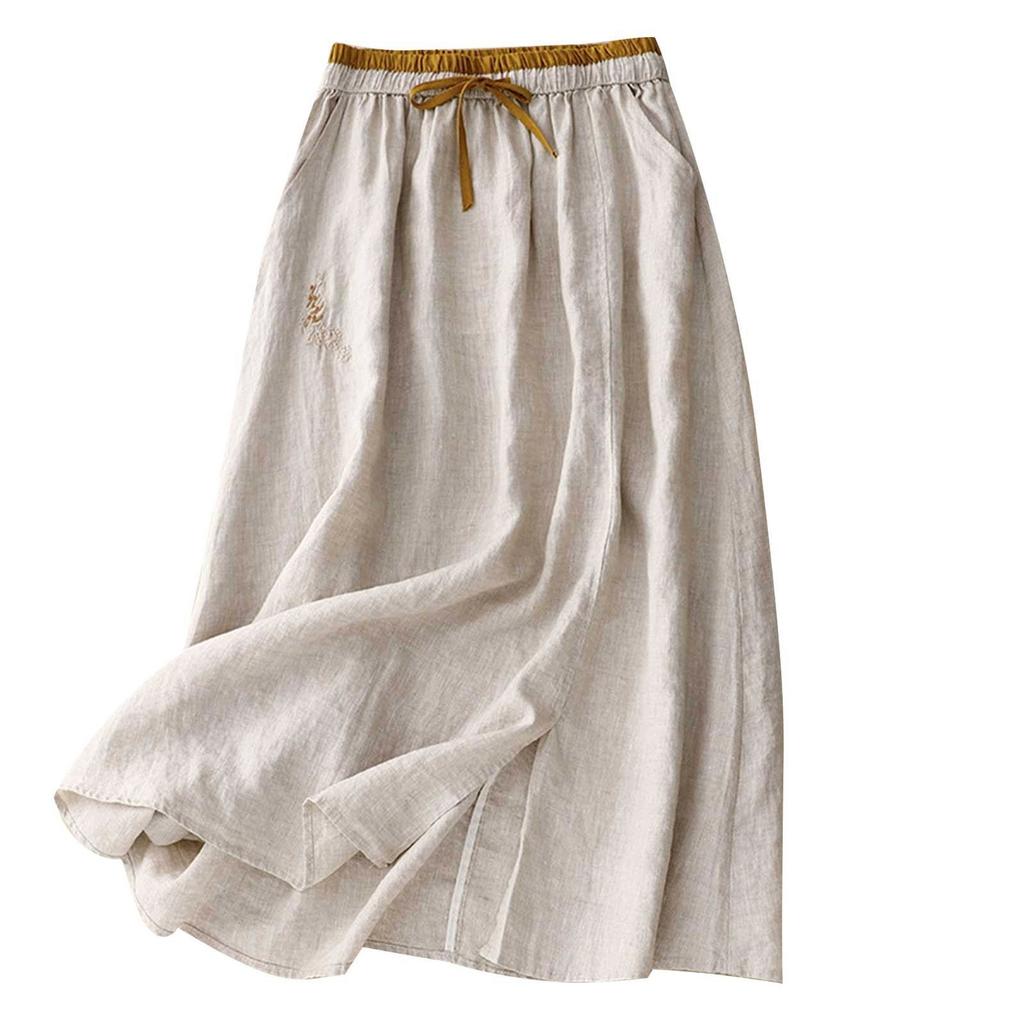 Dámská jednobarevná bavlněná a lněná poloviční sukně ležérní střední délky s elastickým pasem